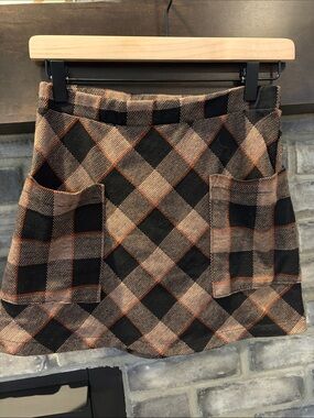 Black and Tan Plaid Mini Skirt with Front Patch Pockets